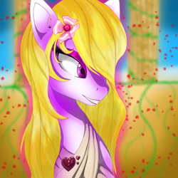 Size: 1000x1000 | Tagged: safe, artist:phobos-ilungian, pony, aphrodite, blonde, female, flower, goddess, goddess of love, greek mythology, heart, lady, love, mare, phobos, pink, ponified, rose petals, smiling, solo, vine
