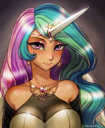 Size: 700x853 | Tagged: safe, artist:racoonsan, princess celestia, human, beautiful, bedroom eyes, big breasts, breasts, busty princess celestia, cleavage, clothes, cute, cutelestia, dagger, ear piercing, earring, eyeshadow, female, humanized, jewelry, lipstick, looking at you, makeup, pen drawing, piercing, seductive look, sexy, smiling, solo, stupid sexy celestia, traditional art, weapon, winged humanization