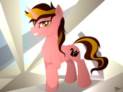 Size: 2000x1493 | Tagged: safe, artist:pedrohander, oc, oc only, oc:aurelius origamis, pony, unicorn, looking at you, raised hoof, smiling, solo