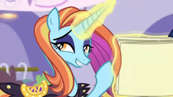 Size: 850x477 | Tagged: safe, screencap, sassy saddles, pony, canterlot boutique, g4, my little pony: friendship is magic, female, glowing eyes, lidded eyes, magic, solo