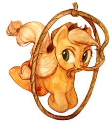 Size: 1000x1100 | Tagged: safe, artist:cloudlama, applejack, earth pony, pony, g4, cute, female, jackabetes, lasso, mouth hold, rope, solo, traditional art