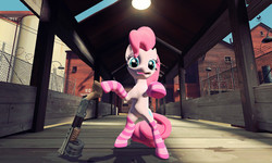 Size: 1280x768 | Tagged: safe, pinkie pie, oc, oc:sockie pie, pony, g4, 2fort, 3d, cigar, clothes, gmod, gun, looking at you, shotgun, socks, solo, striped socks, team fortress 2, weapon