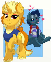 Size: 1000x1200 | Tagged: safe, artist:itstaylor-made, oc, oc only, oc:blondie, oc:rai, earth pony, pony, unicorn, blue swimsuit, blushing, clothes, cute, female, goggles, heart, jacket, kiss mark, leotard, lipstick, male, mare, one-piece swimsuit, scarf, shipping, stallion, straight, swimsuit, tongue out, unshorn fetlocks
