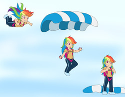 Size: 1280x998 | Tagged: safe, artist:jonfawkes, rainbow dash, human, g4, air ponyville, chibi, clothes, commission, cute, dashabetes, female, humanized, looking at you, pants, parachute, skydiving, solo, thumbs up