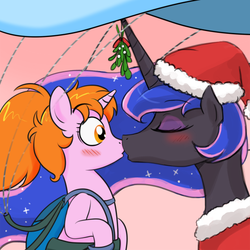 Size: 540x540 | Tagged: safe, artist:lumineko, artist:phallen1, princess luna, oc, oc:maya northwind, g4, blushing, christmas, clothes, costume, eyes closed, eyeshadow, female, hat, horn, kissing, lesbian, makeup, mistletoe, mistletoe horn, parachute, ponytail, santa costume, santa hat, surprise kiss, surprised, wide eyes