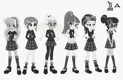 Size: 720x469 | Tagged: safe, indigo zap, lemon zest, sci-twi, sour sweet, sugarcoat, sunny flare, twilight sparkle, equestria girls, g4, monochrome, shadow six