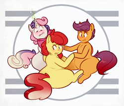 Size: 1280x1103 | Tagged: safe, artist:secretgoombaman12345, apple bloom, diamond tiara, scootaloo, sweetie belle, earth pony, pegasus, pony, unicorn, ask chubby diamond, g4, blank flank, candy, candy cane, candy cane crusaders, christmas, chubbie belle, chubby, chubby bloom, cutie mark crusaders, female, filly, food, food transformation, fusion, inanimate tf, merging, nervous, stretch mark crusaders, transformation, transformation sequence, trio