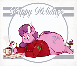 Size: 1450x1250 | Tagged: safe, artist:secretgoombaman12345, apple bloom, diamond tiara, scootaloo, sweetie belle, earth pony, pony, ask chubby diamond, g4, candy, candy cane, caption, chubby, chubby diamond, cutie mark crusaders, fat, female, filly, food, food transformation, inanimate tf, obese, text, transformation, transformation sequence