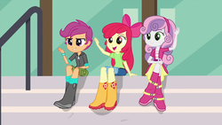 Size: 1280x720 | Tagged: safe, screencap, apple bloom, scootaloo, sweetie belle, equestria girls, g4, my little pony equestria girls: friendship games, boots, clothes, cutie mark crusaders, jacket, jeans, pants, shirt, shoes, shorts, sitting, skirt, trio, waving