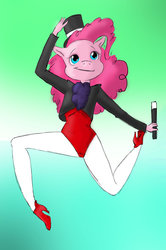 Size: 900x1353 | Tagged: safe, artist:autismchan, pinkie pie, human, anthro, plantigrade anthro, g4, :t, female, green background, hat, high heels, humanized, magic wand, magician, magician outfit, running, simple background, smiling, solo, top hat