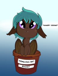 Size: 1072x1392 | Tagged: safe, artist:sweetai belle, artist:tjpones, oc, oc only, bat pony, pony, bat bucket, big eyes, bucket, chest fluff, colored, cute, descriptive noise, eeee, fangs, floppy ears, frown, gradient background, homeless, hungry, leaning, looking up, meme, sad, sadorable, solo, tjpones is trying to murder us
