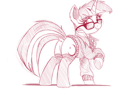 Size: 3153x2250 | Tagged: safe, artist:raps, moondancer, pony, unicorn, g4, butt, clothes, dock, female, glasses, high res, horn, looking at you, looking back, monochrome, plot, sketch, smiling, socks, solo, stupid sexy moondancer