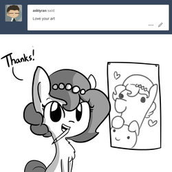 Size: 4500x4500 | Tagged: safe, artist:brownie bun, artist:tjpones, oc, oc only, oc:brownie bun, oc:richard, earth pony, human, pony, horse wife, absurd resolution, art, ask, chest fluff, cute, dialogue, female, grayscale, heart, human male, male, mare, meta, monochrome, pencil, simple background, tumblr, white background