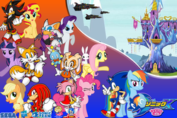 Size: 1800x1200 | Tagged: safe, artist:trungtranhaitrung, angel bunny, applejack, fluttershy, pinkie pie, rainbow dash, rarity, sunset shimmer, twilight sparkle, alicorn, chao, pony, g4, amy rose, anniversary, cream the rabbit, crossover, egg carrier, hasbro, japanese, knuckles the echidna, logo, male, mane six, miles "tails" prower, rouge the bat, sega, shadow the hedgehog, sonic team, sonic the hedgehog, sonic the hedgehog (series), twilight sparkle (alicorn), twilight's castle