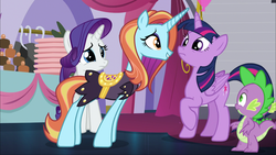 Size: 1920x1080 | Tagged: safe, screencap, rarity, sassy saddles, spike, twilight sparkle, alicorn, pony, canterlot boutique, g4, my little pony: friendship is magic, twilight sparkle (alicorn)