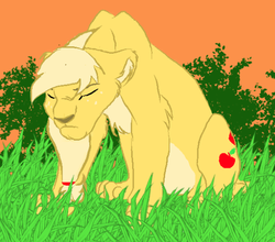 Size: 573x505 | Tagged: safe, artist:lionkinglovers, artist:nerdygal1234, applejack, big cat, lion, g4, applecat, applelion, eyes closed, female, floppy ears, fluffy, frown, grass, lioness, lionified, literal, sitting, solo, species swap, the lion king