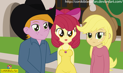 Size: 2429x1462 | Tagged: safe, artist:conikiblasu-fan, apple bloom, applejack, big macintosh, equestria girls, g4, breasts, cleavage, clothes, cowboy hat, dress, female, freckles, hat, lipstick, male, parody, reference, stetson, video in description, youtube video