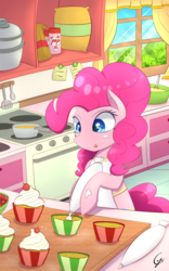 Size: 1200x1920 | Tagged: safe, artist:laptop-pone, pinkie pie, earth pony, pony, g4, :p, apron, bipedal, cherry, clothes, colored pupils, cupcake, dessert, ear fluff, female, food, frosting, heart eyes, hoof hold, indoors, kitchen, oven, pot, signature, solo, stove, tongue out, updated, whipped cream, wingding eyes