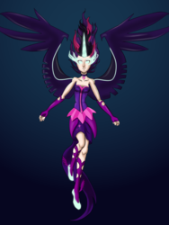 Size: 2916x3888 | Tagged: safe, artist:dinosaurcol, sci-twi, twilight sparkle, human, equestria girls, g4, my little pony equestria girls: friendship games, clothes, female, gloves, gradient background, high res, horn, horned humanization, human coloration, humanized, jewelry, light skin, long gloves, midnight sparkle, necklace, pale skin, solo, winged humanization, wings