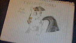 Size: 640x360 | Tagged: safe, artist:equestriangamer, twilight sparkle, pony, unicorn, g4, black and white, female, grayscale, lined paper, monochrome, name, notebook, signature, solo, traditional art