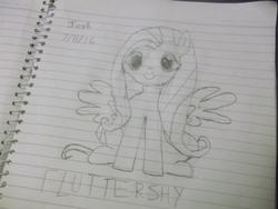 Size: 4288x3216 | Tagged: safe, artist:equestriangamer2, fluttershy, pony, g4, black and white, drawing, female, grayscale, high res, lined paper, monochrome, pencil drawing, signature, solo, traditional art