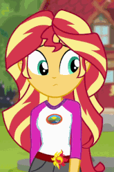 Size: 370x560 | Tagged: safe, screencap, sunset shimmer, equestria girls, g4, my little pony equestria girls: legend of everfree, animated, camp everfree logo, camp everfree outfits, clothes, cropped, cute, cutie mark accessory, female, gif, hips, looking around, scenery, shimmerbetes, shorts, solo, walking