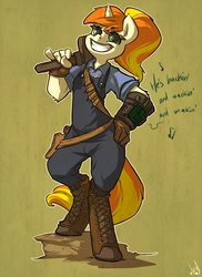Size: 875x1200 | Tagged: safe, artist:atryl, oc, oc only, oc:greaser, unicorn, anthro, unguligrade anthro, fallout equestria, anthro oc, butcher pete, clothes, fallout, fingerless gloves, gloves, holster, hoof boots, music, music notes, overalls, pipboy, radio, solo, song reference, wrench