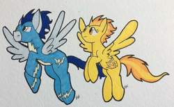 Size: 1024x632 | Tagged: safe, artist:thepoppieseed, soarin', spitfire, pony, g4, duo, flying, traditional art