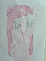Size: 1024x1365 | Tagged: safe, artist:mildgyth, pinkie pie, earth pony, pony, g4, cute, cuteamena, female, happy, looking at you, mare, photo, pinkamena diane pie, smiling, solo, traditional art