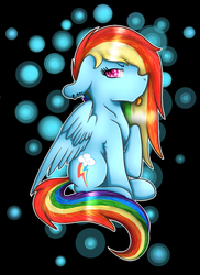 Size: 1024x1410 | Tagged: safe, artist:skashigame, rainbow dash, pony, g4, abstract background, female, looking at you, piercing, profile, raised hoof, sitting, solo, tongue out