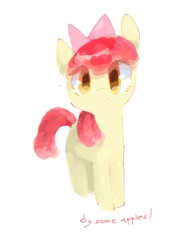 Size: 690x893 | Tagged: safe, artist:laurasrxfgcc, apple bloom, earth pony, pony, g4, blank flank, buy some apples, cute, dialogue, female, looking at you, simple background, solo, white background