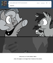 Size: 666x800 | Tagged: safe, artist:egophiliac, princess luna, oc, oc:frolicsome meadowlark, oc:sunshine smiles (egophiliac), bat pony, pony, moonstuck, g4, cartographer's cap, cave, eyepatch, filly, grayscale, hat, monochrome, woona, woonoggles, younger