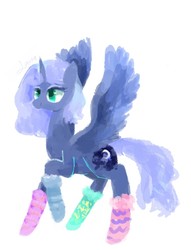 Size: 681x893 | Tagged: safe, artist:laurasrxfgcc, princess luna, pony, g4, clothes, cute, female, mare, raised hoof, simple background, smiling, socks, solo, spread wings, striped socks, white background
