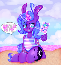 Size: 3000x3196 | Tagged: safe, artist:bunxl, princess luna, anthro, g4, annoyed, arm hooves, beach, clothes, female, game boy, high res, magic, one-piece swimsuit, s1 luna, solo, sparkly mane, sparkly tail, swimsuit, tail, telekinesis