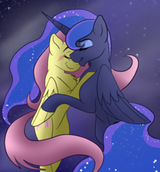 Size: 800x860 | Tagged: safe, artist:percy-mcmurphy, fluttershy, princess luna, g4, blushing, eyes closed, female, hug, lesbian, night, ship:lunashy, shipping, smiling, stars