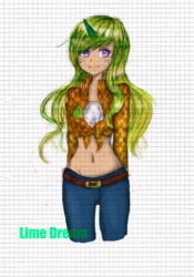 Size: 2410x3436 | Tagged: safe, artist:limedreaming, artist:okotteneko, oc, oc only, oc:lime dream, human, belly button, clothes, high res, horn, horned humanization, humanized, lined paper, midriff, solo, traditional art