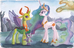 Size: 1442x945 | Tagged: safe, artist:plainoasis, princess celestia, spike, thorax, changedling, g4, to where and back again, king thorax, scene interpretation, traditional art, watercolor painting