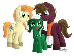 Size: 2500x1900 | Tagged: safe, artist:cloudy95, oc, oc only, oc:acti, oc:aphelion, oc:haven, earth pony, pony, unicorn, clothes, father and daughter, female, male, mare, mother and daughter, scarf, simple background, stallion, transparent background
