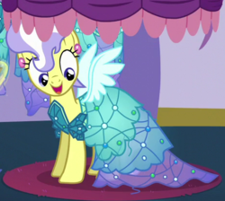 Size: 463x414 | Tagged: safe, screencap, upper crust, pony, unicorn, canterlot boutique, g4, background pony, clothes, crustabetes, cute, dress, ear piercing, earring, female, jewelry, mare, outfit catalog, piercing, princess dress, solo, upperbetes