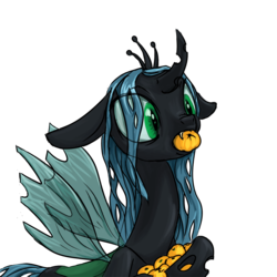 Size: 1000x1000 | Tagged: safe, artist:kovoranu, queen chrysalis, changeling, changeling queen, g4, female, food, fruit, mouth hold, simple background, solo, tangerine, transparent background