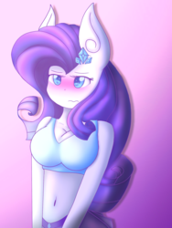 Size: 1536x2048 | Tagged: safe, artist:silviasilvar, rarity, anthro, g4, belly button, belt, blushing, clothes, female, midriff, skirt, solo, sports bra