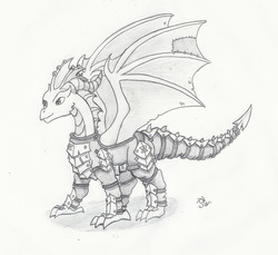 Size: 2229x2044 | Tagged: safe, artist:sensko, dragon, armor, dragon armor, grayscale, high res, mercenary, monochrome, pencil drawing, piercing, simple background, sketch, solo, traditional art, white background