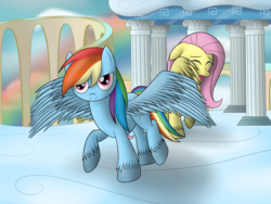 Size: 2800x2100 | Tagged: safe, artist:cloudy95, fluttershy, rainbow dash, g4, cloudsdale, crying, high res, looking at you, protecting, spread wings