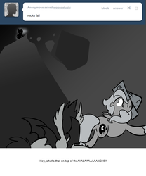 Size: 666x800 | Tagged: safe, artist:egophiliac, nightmare moon, princess luna, oc, oc:frolicsome meadowlark, oc:sunshine smiles (egophiliac), bat pony, pony, moonstuck, g4, dark woona, filly, grayscale, monochrome, nightmare woon, rock, woona, younger