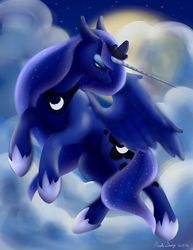 Size: 600x776 | Tagged: safe, artist:puppet-runo, princess luna, pony, g4, cloud, female, flying, moon, solo, stars