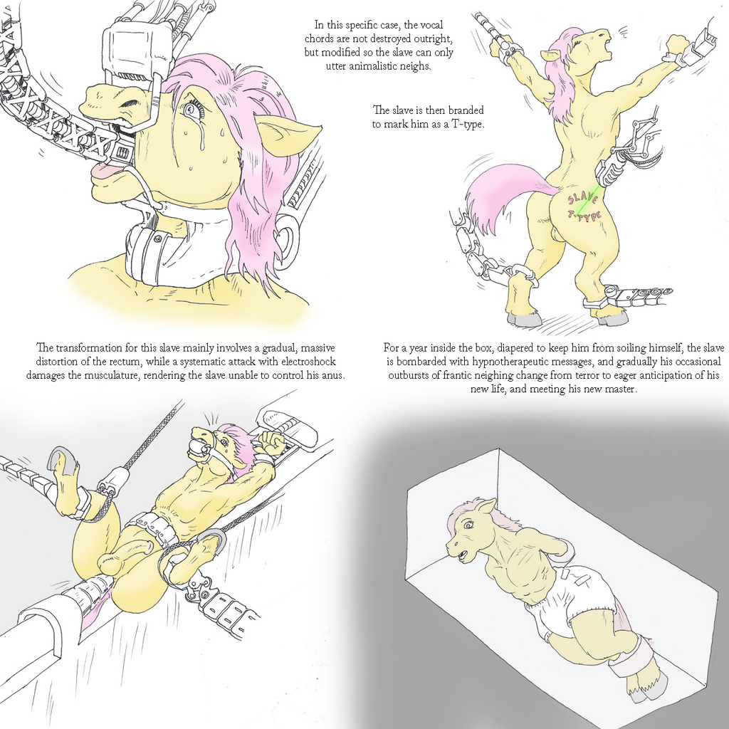 1313289 - explicit, semi-grimdark, artist:salkafar, anthro, unguligrade  anthro, bit gag, body manipulation, bondage, brainwashing, branding, comic,  crying, diaper, diaper fetish, diaper slave, diaper training,  electrocution, gag, hoers, human penis ...