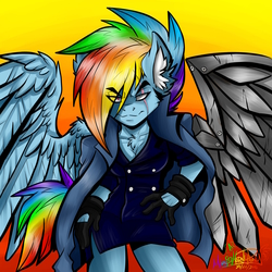 Size: 3200x3200 | Tagged: safe, artist:mimy92sonadow, rainbow dash, anthro, g4, amputee, artificial wings, augmented, breasts, cape, chest fluff, clothes, commission, female, gloves, high res, mechanical wing, prosthetic limb, prosthetic wing, prosthetics, scar, signature, solo, wings