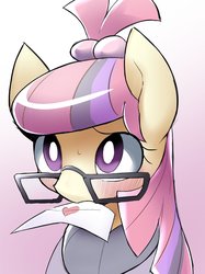 Size: 1244x1666 | Tagged: safe, artist:ccc, moondancer, pony, unicorn, g4, blushing, cute, dancerbetes, female, glasses, letter, mare, missing horn, mouth hold, solo