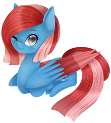 Size: 1621x1809 | Tagged: safe, artist:bonniebatman, oc, oc only, pegasus, pony, female, mare, one eye closed, prone, simple background, solo, transparent background, wink