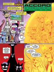 Size: 720x960 | Tagged: safe, artist:andypriceart, idw, accord, discord, fluttershy, kibitz, pinkie pie, princess celestia, princess luna, rainbow dash, starlight glimmer, twilight sparkle, alicorn, pony, chaos theory (arc), g4, spoiler:comic, spoiler:comic49, accord (arc), in all disorder a secret order, mind control, part the second: in all chaos there is a cosmos, preview, twilight sparkle (alicorn)